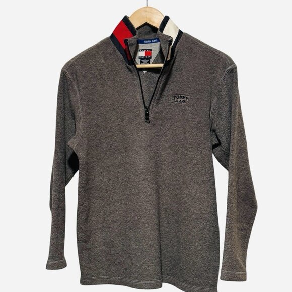 Vintage 90s Tommy Hilfiger Jeans Mens Medium Gray Fleece 1/4 Zip Sweatshirt - Picture 1 of 8